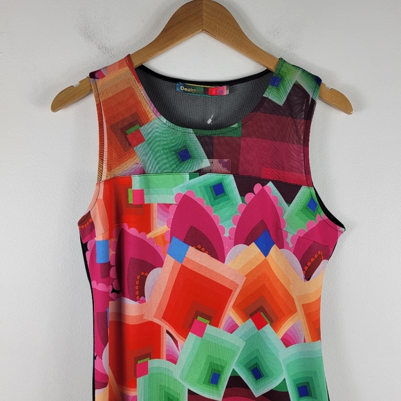 New Desigual Geometric Pixel Knit Sheer Mesh Sleeveless Knee Length Shift Dress - Picture 3 of 12